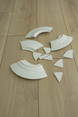 Broken porcelain pieces scattered on wooden floor