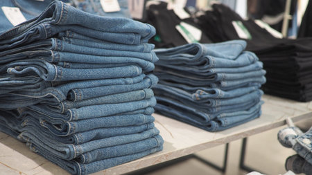 Stacked denim jeans on display in a clothing store