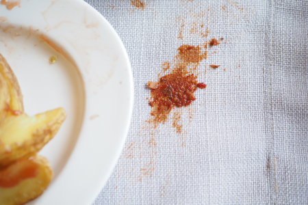 Sauce spill on tablecloth after dinnerの写真素材