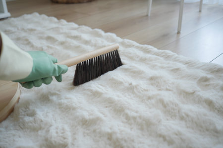 Cleaning a soft rug with a broom in a bright roomの写真素材