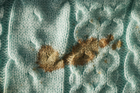 Stain on vintage teal knitted sweater close up