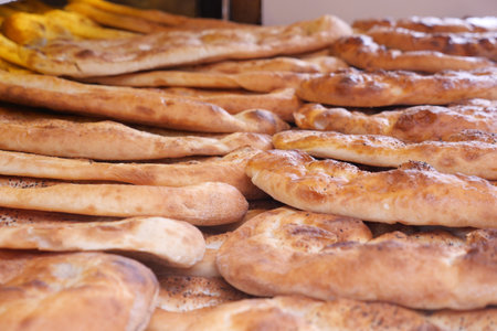Freshly baked bread at a local bakery market stallの写真素材