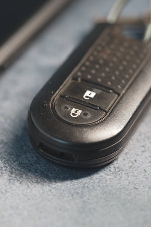 Car key fob resting on a smooth surface in soft lightingの写真素材