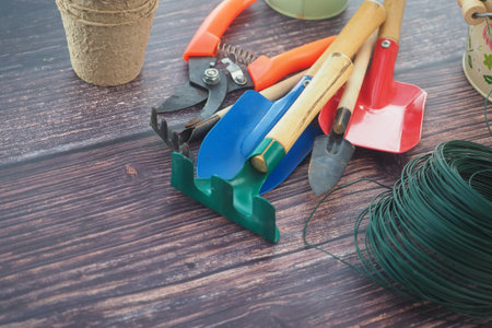Gardening tools and supplies on wooden surface