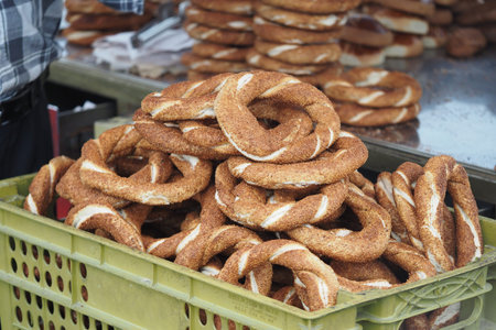 Freshly baked simit in a market basket