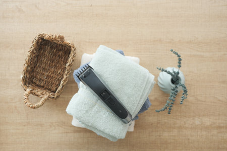 Comfy bathroom setting with towels and grooming toolsの写真素材