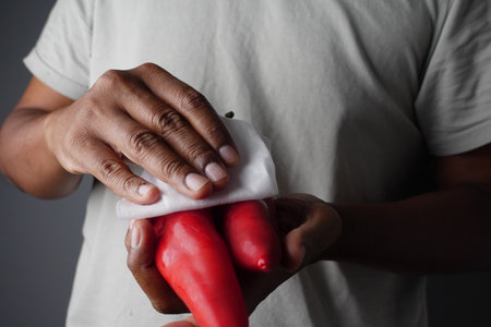 Cleaning red chili peppers in the kitchenの写真素材