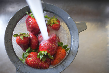 Washing fresh strawberries in a kitchen sinkの写真素材