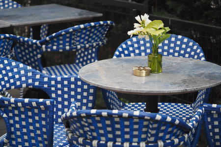 Cozy outdoor seating with blue chairs and fresh flowersの写真素材