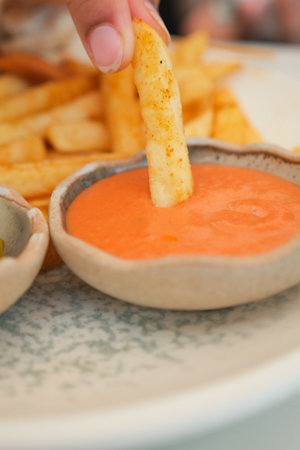 Fresh fries dipped in vibrant sauce at a casual eateryの写真素材