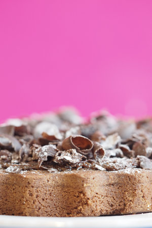 Decadent chocolate cake with chocolate shavings on topの写真素材