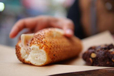 Delicious pastry with cheese and chocolate chip cookieの写真素材