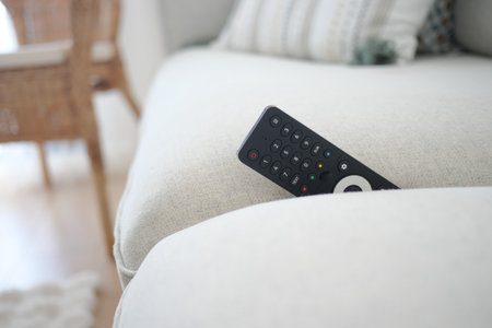 Cozy living room with remote control on the sofa.の写真素材