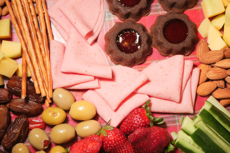 Variety of snacks and fruits on a colorful platterの写真素材