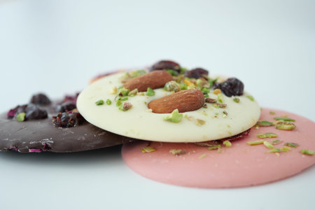 Colorful chocolate discs with nuts and fruit