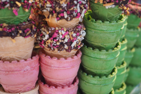Colorful ice cream cones stacked at a dessert stall