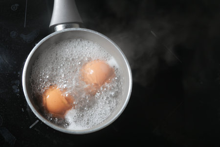 Boiling eggs in a small pot on a stovetopの写真素材