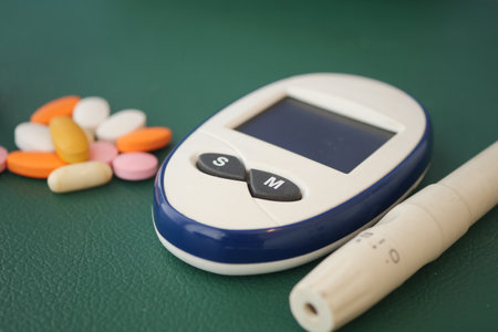 Blood sugar monitor and medications on a green surfaceの写真素材