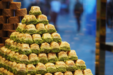 Delicious baklava pyramid at a local market displayの写真素材