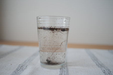 Water with sediment in clear glass on a tableの写真素材