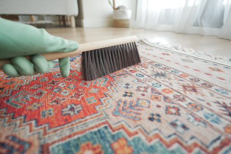 Cleaning a colorful rug with a brush in a bright roomの写真素材