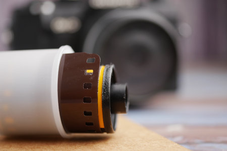 Film roll and camera on a wooden surface with soft focusの写真素材