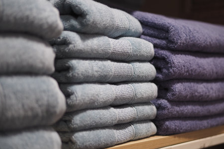 Soft towels neatly stacked in a cozy store displayの写真素材