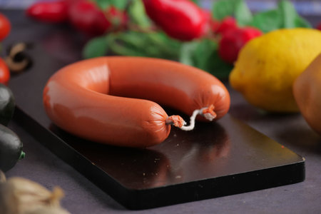 Sausage and fresh ingredients displayed on a cutting board