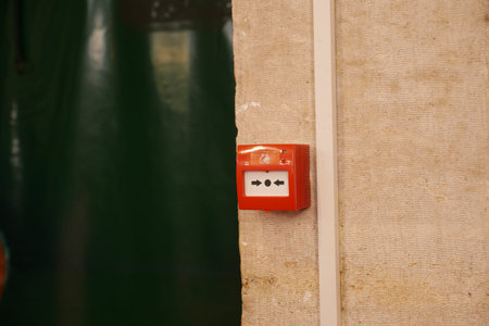 Fire alarm box mounted on a wall in a public building