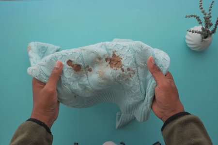 Stained sweater held above a teal surface with plantの写真素材