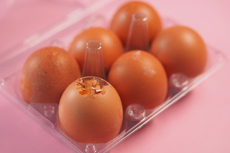 Brown eggs in a carton on a pink background