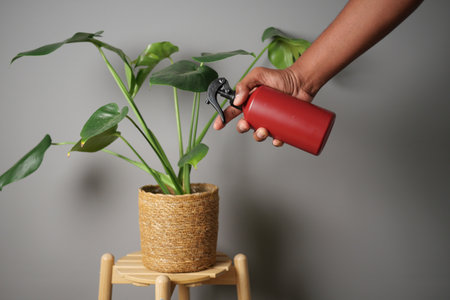 Hand holding a spray bottle to mist a green plantの写真素材
