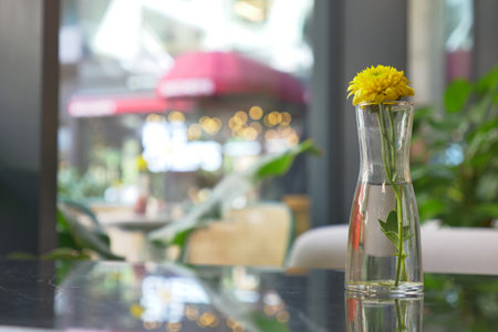 Bright yellow flower in a vase on a cafe tableの写真素材