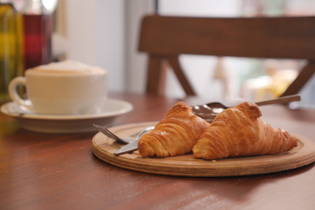 Delicious croissants and coffee at a cozy cafeの写真素材