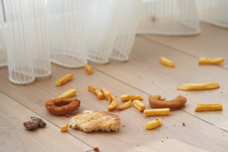 Messy snack leftovers scattered on the floorの写真素材