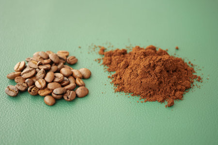 Coffee beans and ground coffee on green surfaceの写真素材