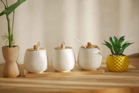 Stylish display of kitchen jars and plants on a wooden tableの写真素材