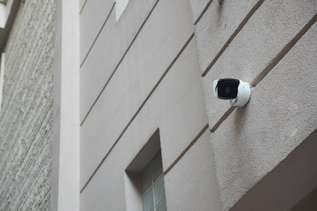 Security camera mounted on an exterior wall in an urban areaの写真素材
