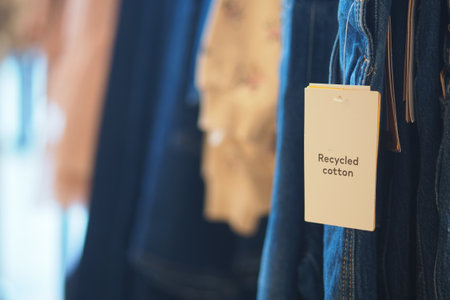 Recycled cotton tags on denim clothing in a store displayの写真素材
