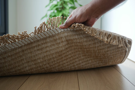 Hand rolling a woven rug in a bright roomの写真素材