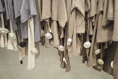 hanging shirts with security tag in a retail storeの写真素材