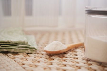 Wooden spoon with baking soda powder and green cloth on a rug for cleaningの写真素材
