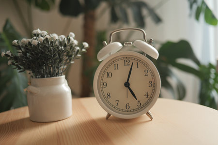White alarm clock next to a vase of flowers indoorsの写真素材