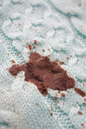 Brown chocolate stain on blue knitted fabric surfaceの写真素材