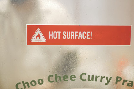 Warning sign for hot surface near curry station
