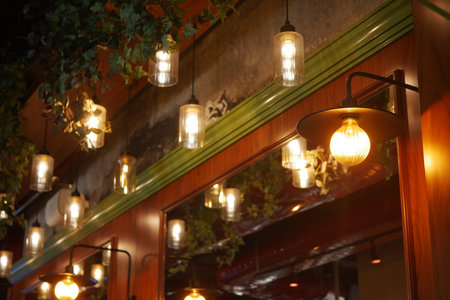 Decorative lighting enhances cozy cafe atmosphere at night