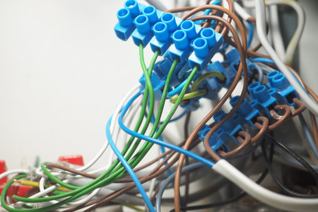 Wiring connections in an electrical junction boxの写真素材