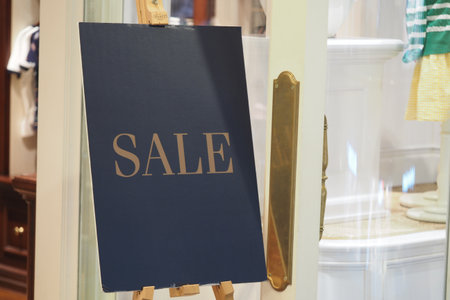 Sale sign in a boutique enticing shoppers in a busy storeの写真素材