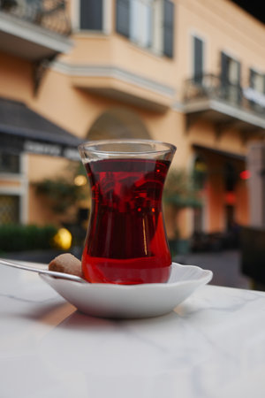 turkish Tea and sweet treat in a lively atmosphereの写真素材