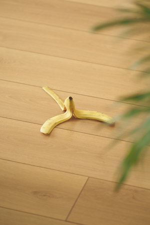 Banana peel lies on wooden floor in a bright indoor spaceの写真素材